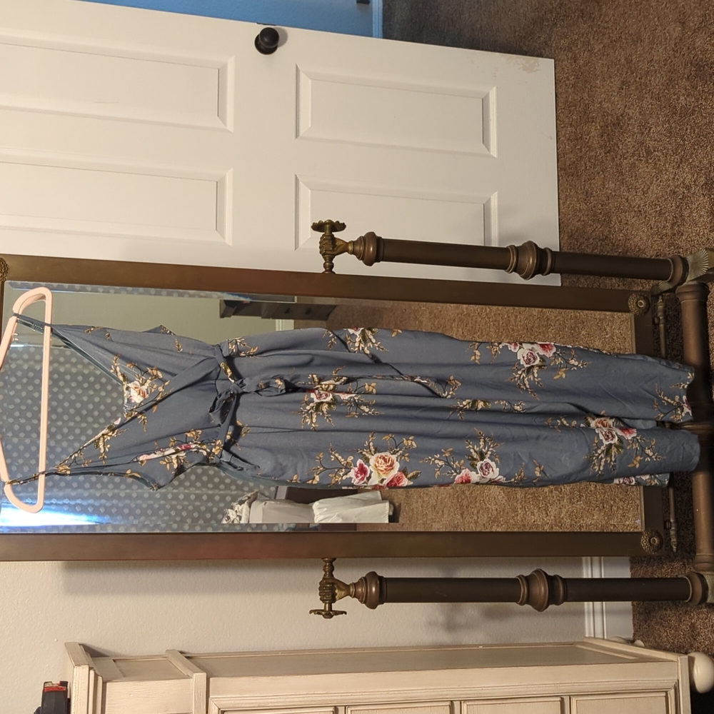 Blue Grey Floral Wrap Dress XL